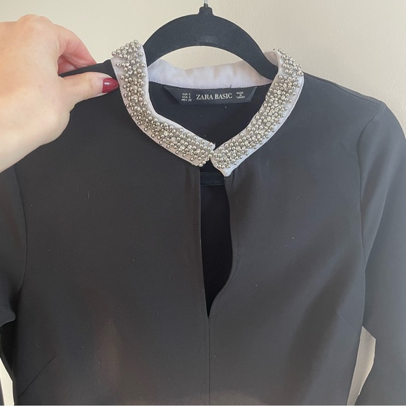 Black Zara Basic Mini Dress with Bell Sleeves and Bedazzled Collar - Picture 2 of 6